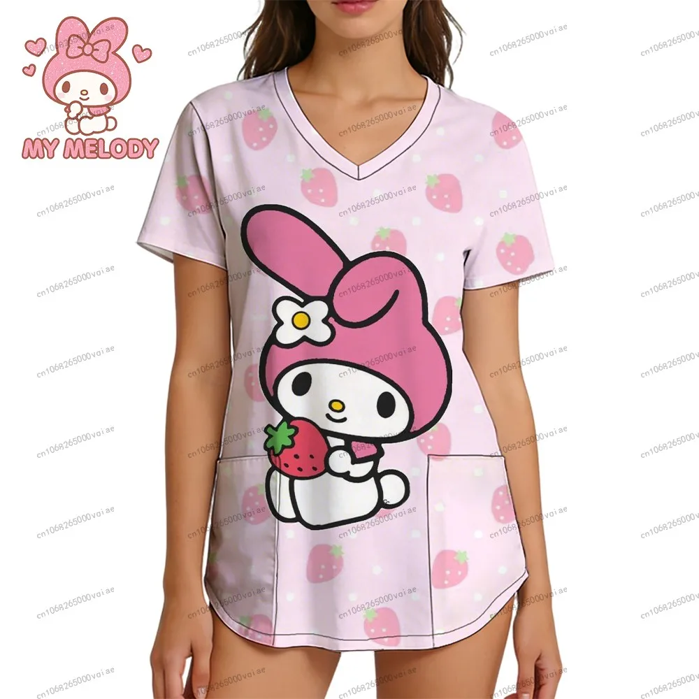 

2026 New Cartoon Women's Nurse Uniform V Neck T Shirt S-2XL Sanrio My Melody Summer Kawaii 3D Print Leisure Woman Clothes Pocket