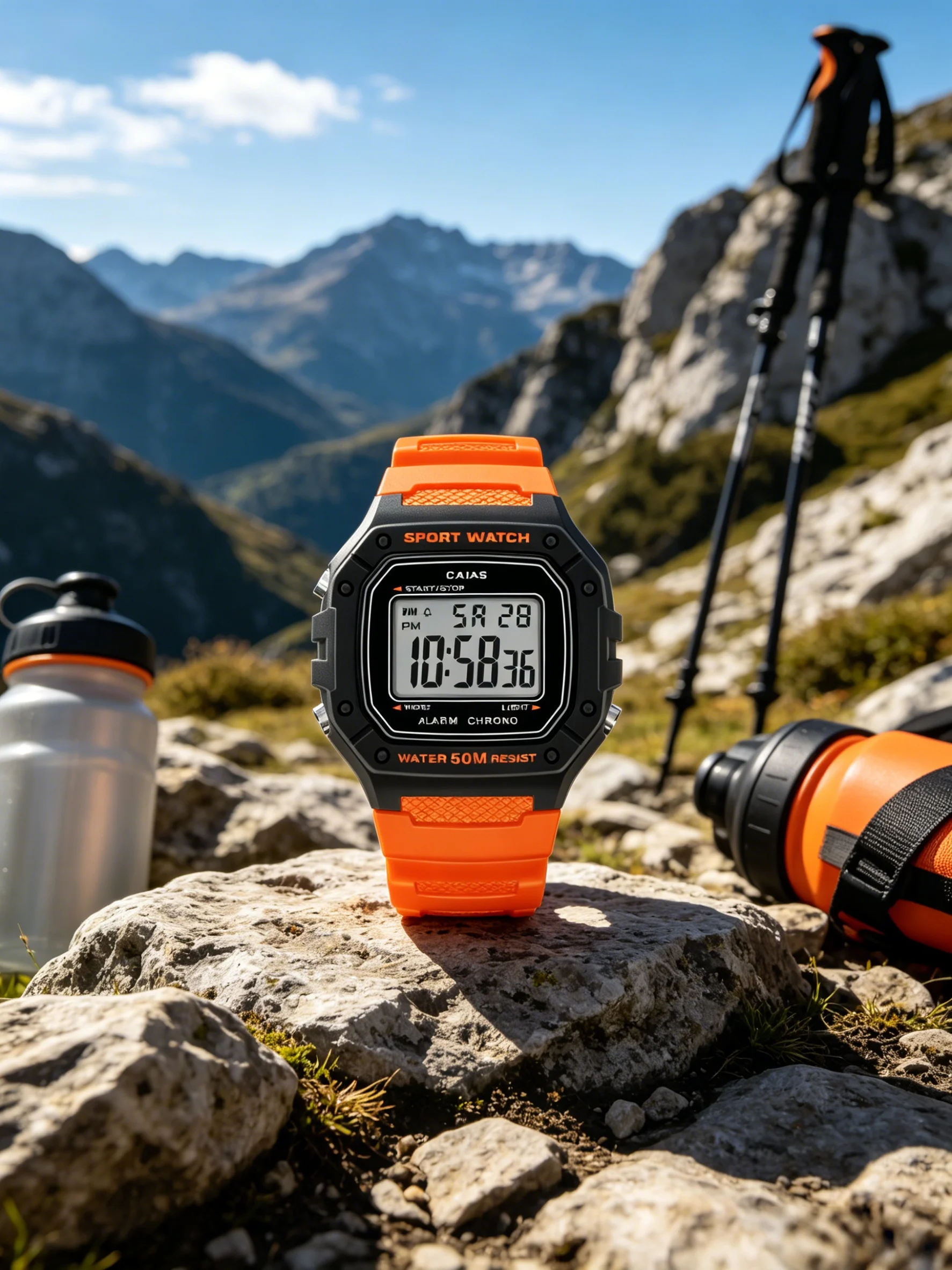 

Classic square digital watch with alarm, stopwatch, and luminous display; features a flexible, non-slip silicone strap