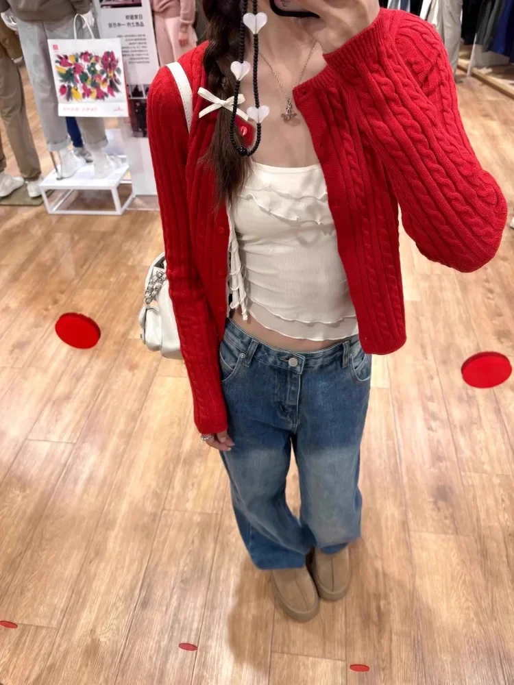 2024 Autumn and Winter New Preppy Red Sweater Cardigan Women Small Slim Short Knitted Coat Loose Long Sleeve Top Coat Short Top