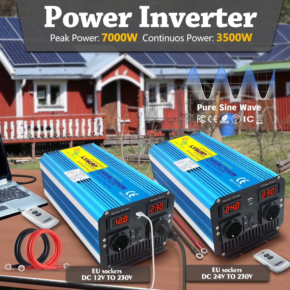 Inversor Solar de Onda Senoidal Pura Transformador de Tensão Conversor Display Led Carregamento Usb Soquete Duplo 12v 24v 220v 7000w