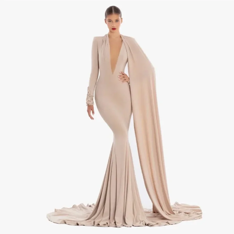 

Customized Delicate Jersey Mermaid Appliques Evening Dresses Temperament Long Sleeves V-neck Prom Dress Party Gowns