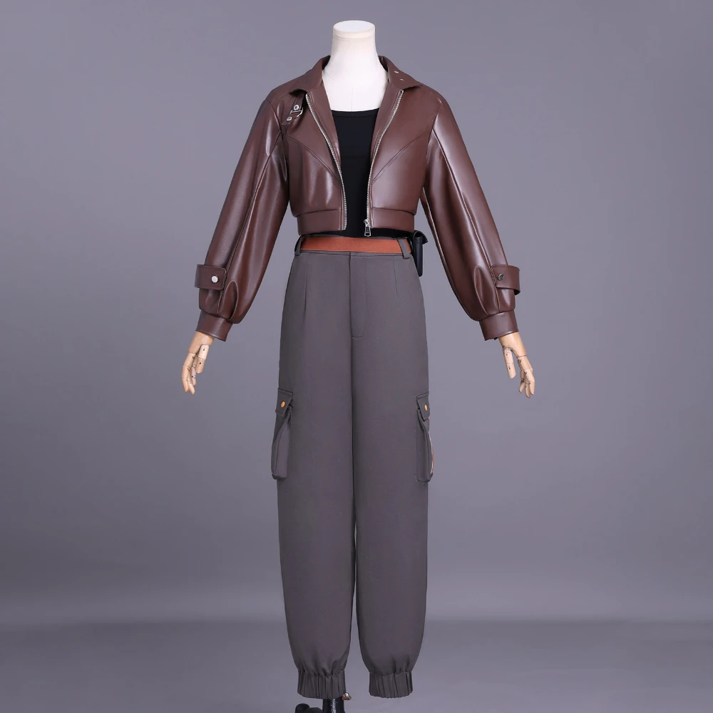 

Cartoon The Legend of Hei 2 Lu Ye Cosplay Costume Senior Sister Undershirt Waist Bag Pants Brown Leather Jacket Hallowwen Set