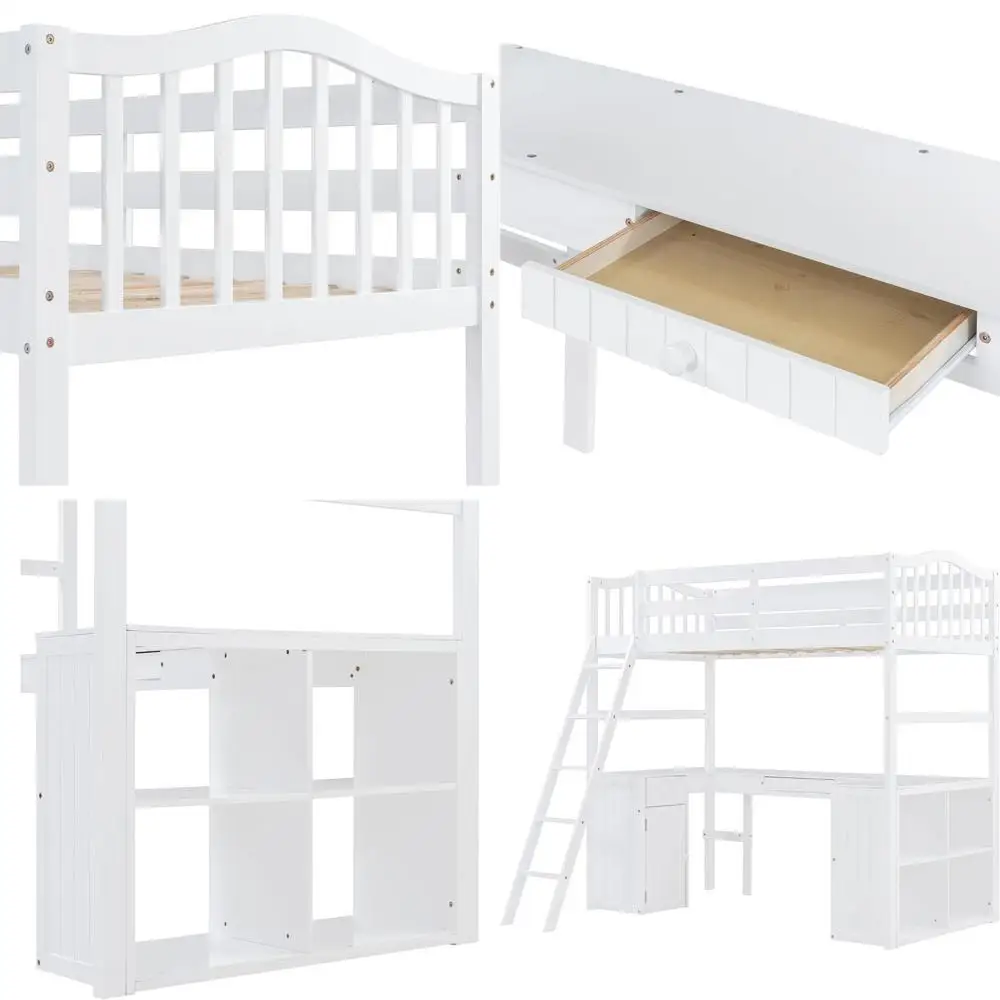 

Белая комбинированная кровать-стол с тумбой для хранения и книжным шкафом для детей, подростков и взрослых