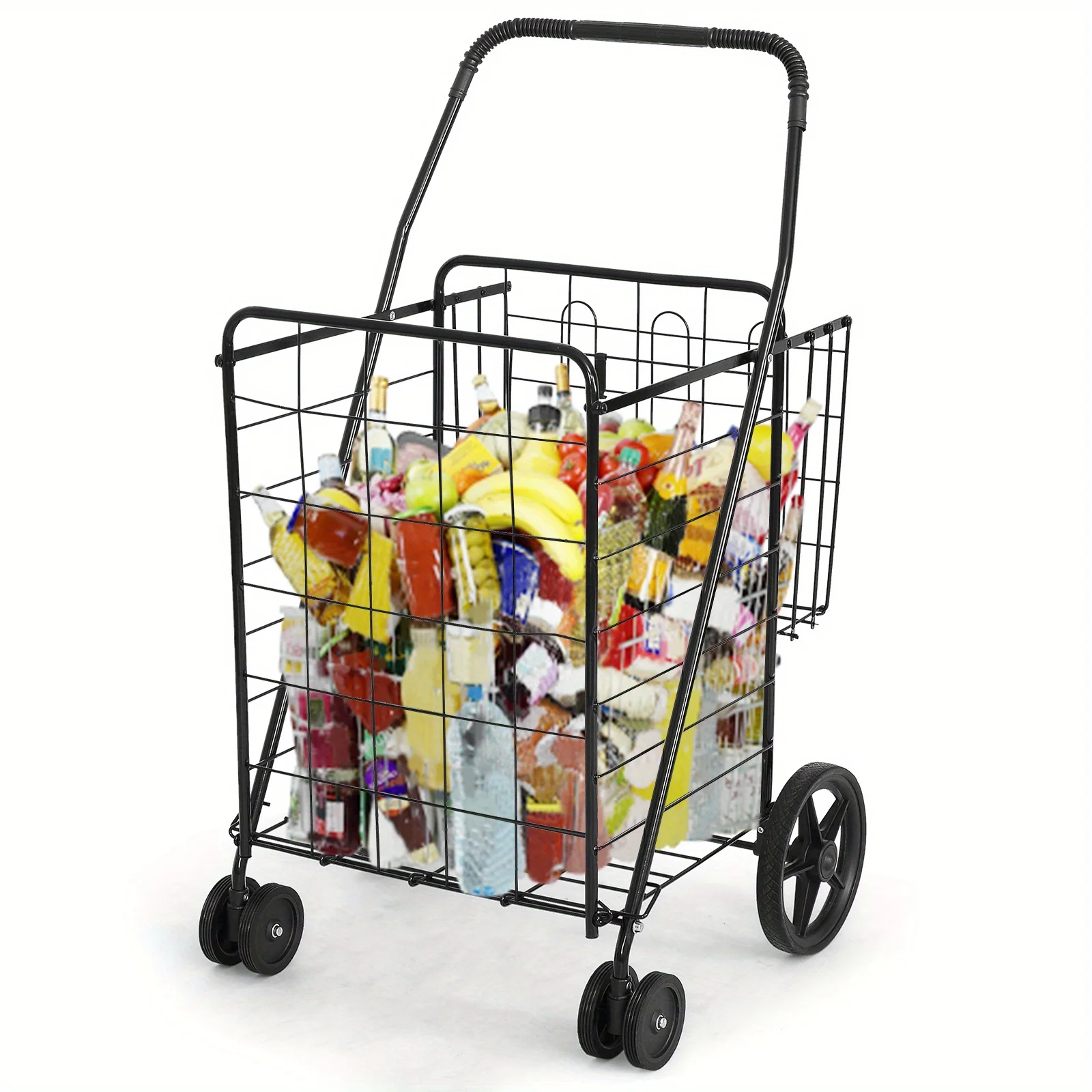 

Folding Shopping Cart with 360° Swivel Wheels, Rolling Metal Grocery Cart with Double Basket, Portable Supermarket Utility Cart for Laundry & Travel, Silvery/Black