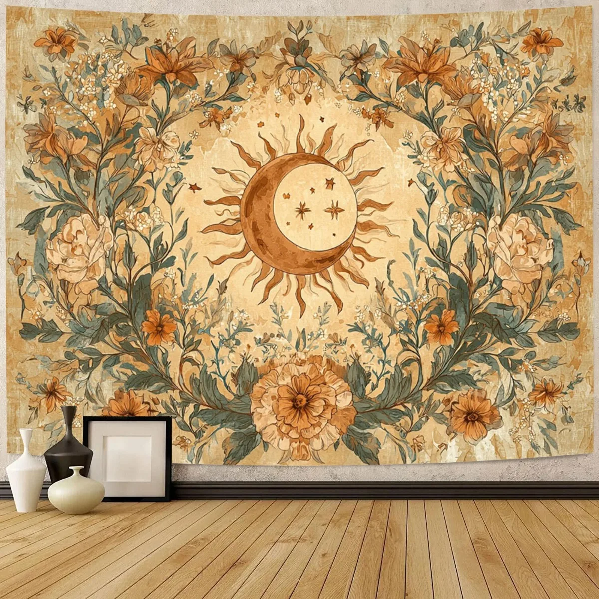 Tapiz Sol y Luna | Tapiz Vintage Bohemio de Pared con Enlace de Vid Floral, Sueño Diurno, Fantasía, Reino Retro | Adecuado para