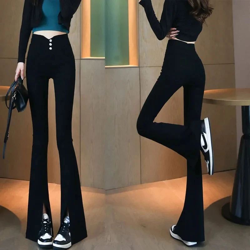 Korean Style Vintage Slim Autumn Pants High Waist Casual Flare Pants Female Fahsion Sweet Button Closed Wide Leg Trousers Pants