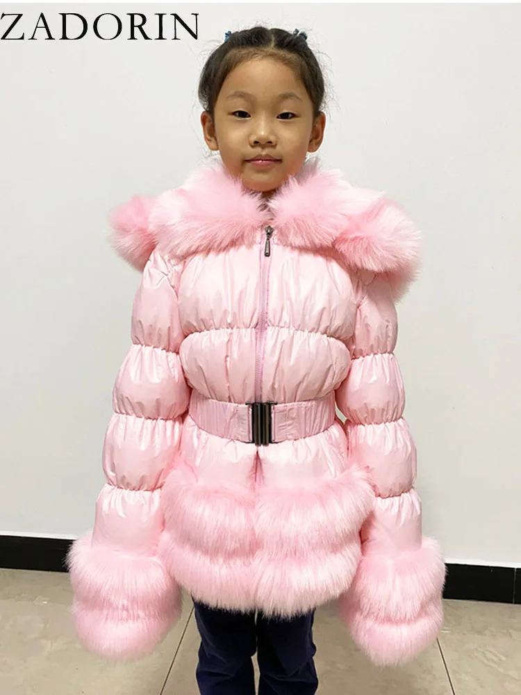 ZADORIN 2024 Winter Girls White Duck Down Jacket for Kids Furry FAUX fur Collar Thick Warm Pink White Down Coat Hooded Outerwear