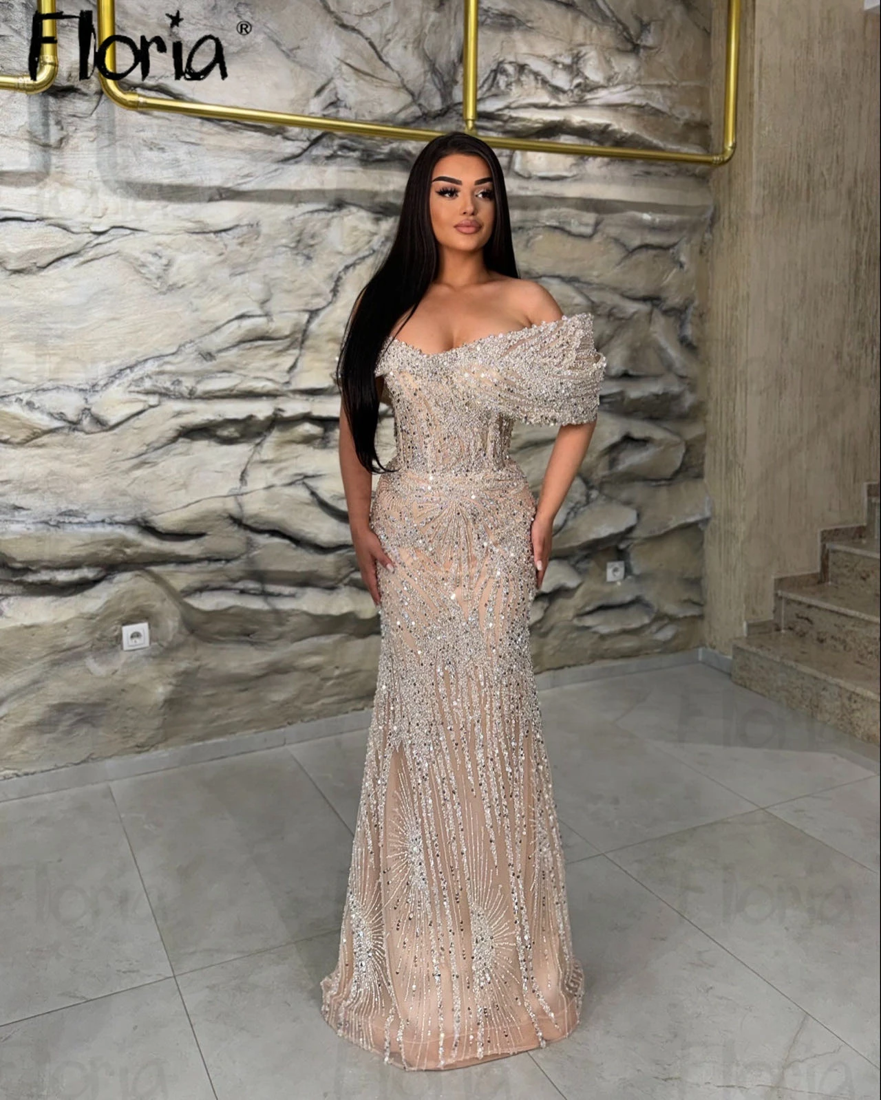 Dubai Arabic Nude Champagne Party Dress Off the Shoulder Mermaid Evening Dress Long Glitter Wedding Occasion Gowns For Women