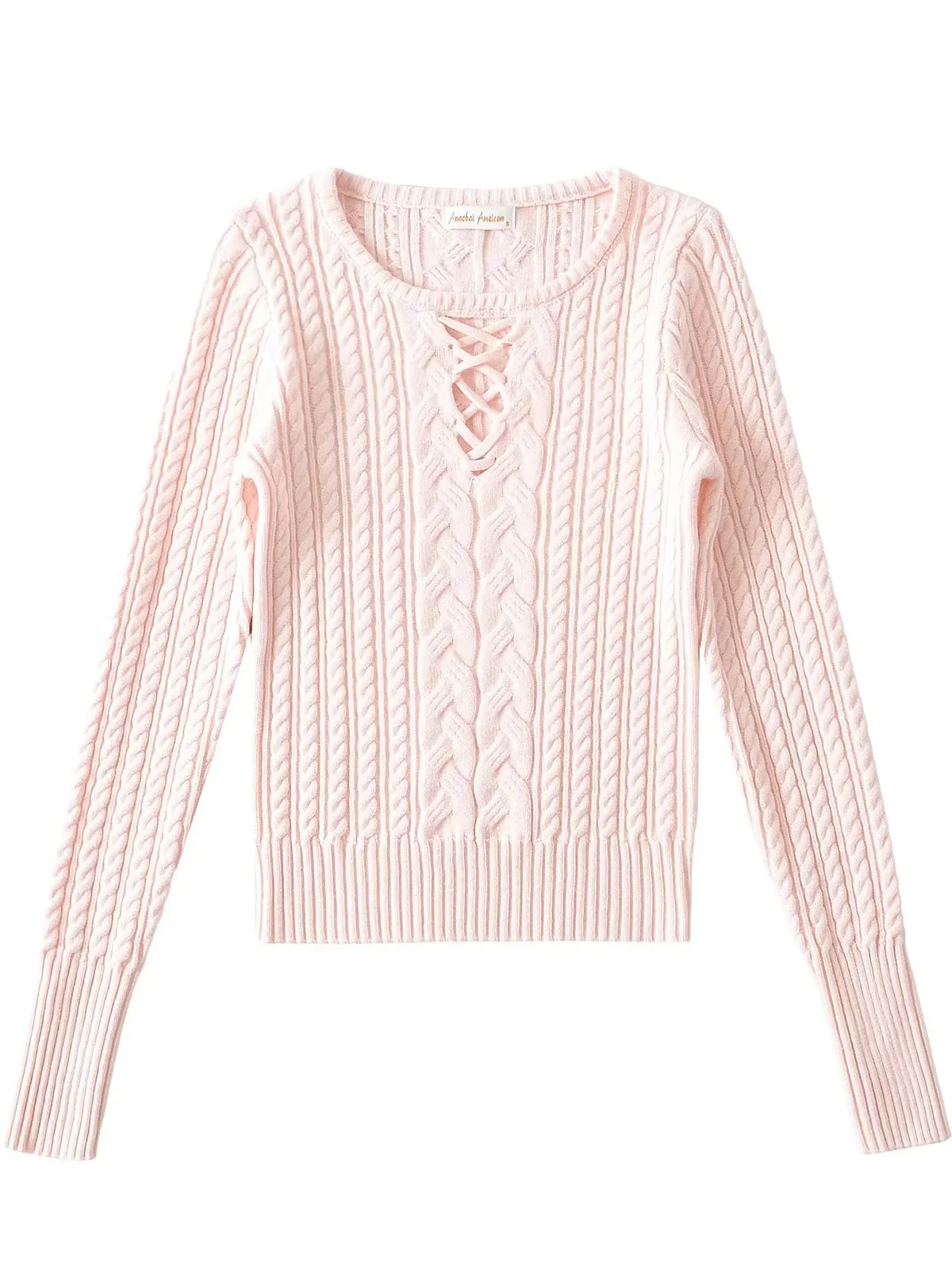 Amerykańska dzianina typu sle twist, ażurowa, okrągły dekolt, damski wyszczuplający top, krzyżowy wzór, długi rękaw, modny sweter dla dziewczyn.