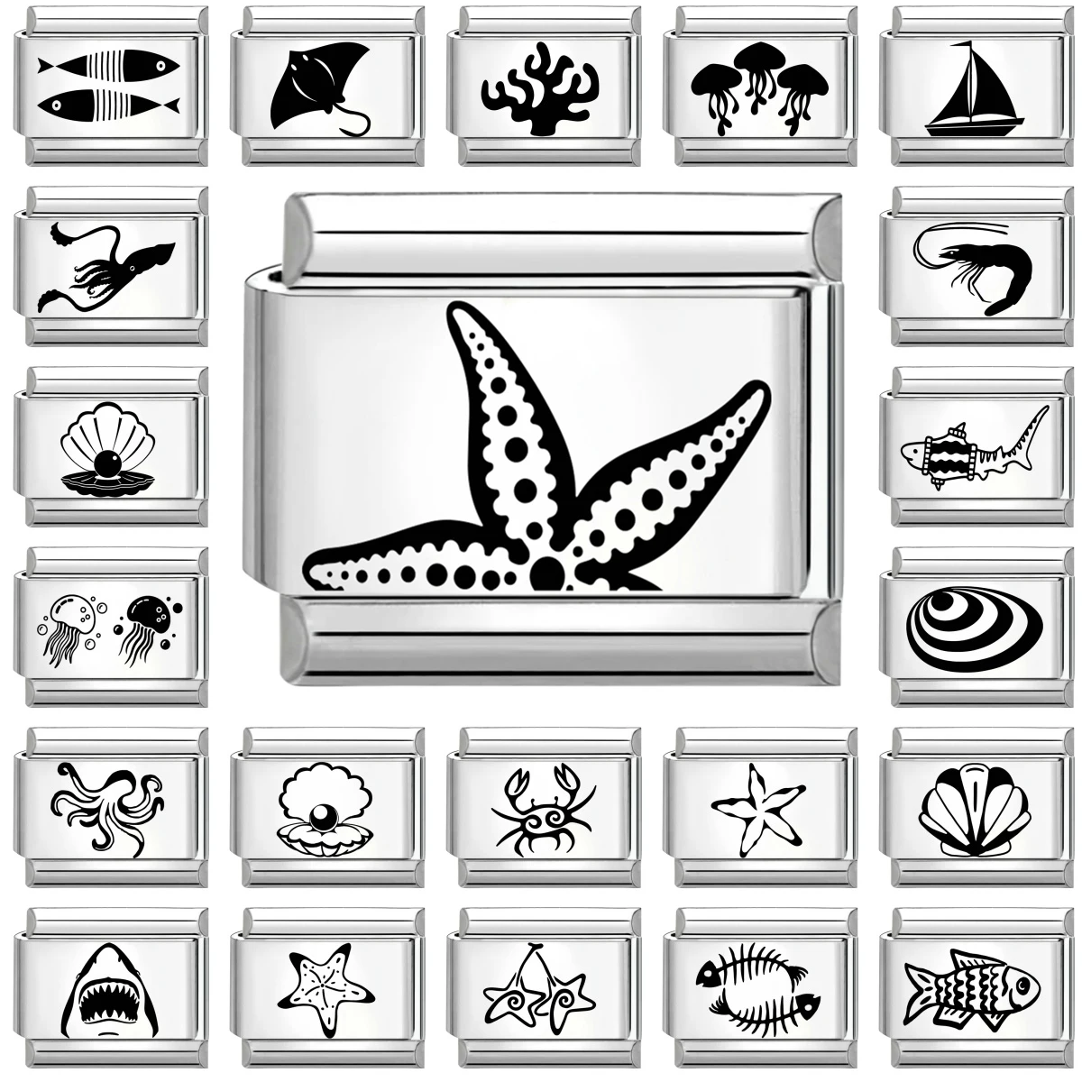 New Laser Engraving Marine Organisms Charm Italian Links Fit 9mm Bracelet Stainless Steel  Making DIY Jewelry Gifts Wholesale