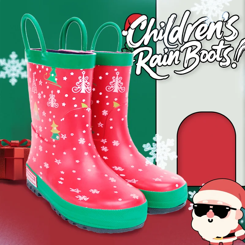 

Детские резиновые сапоги на Рождество, красные, с ручкой, водонепроницаемые, без флисовой подкладки, для малышей и детей