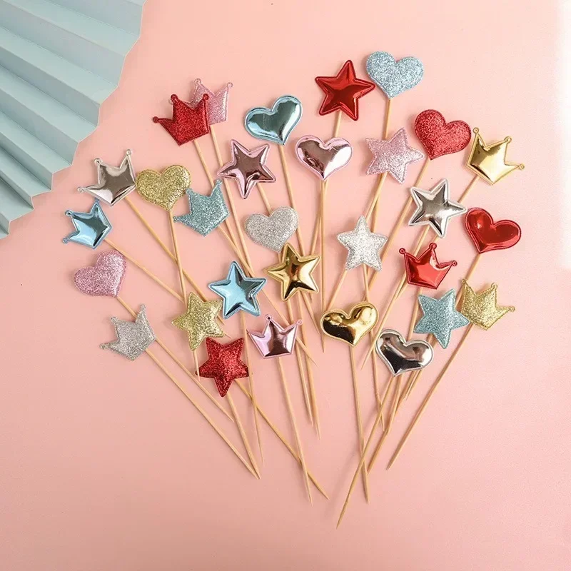 50pcs Colorful Cake Topper Star Pink Gold Crown Heart Girl Boy Wedding Birthday Cupcake Decoration for Baby Shower Supplies