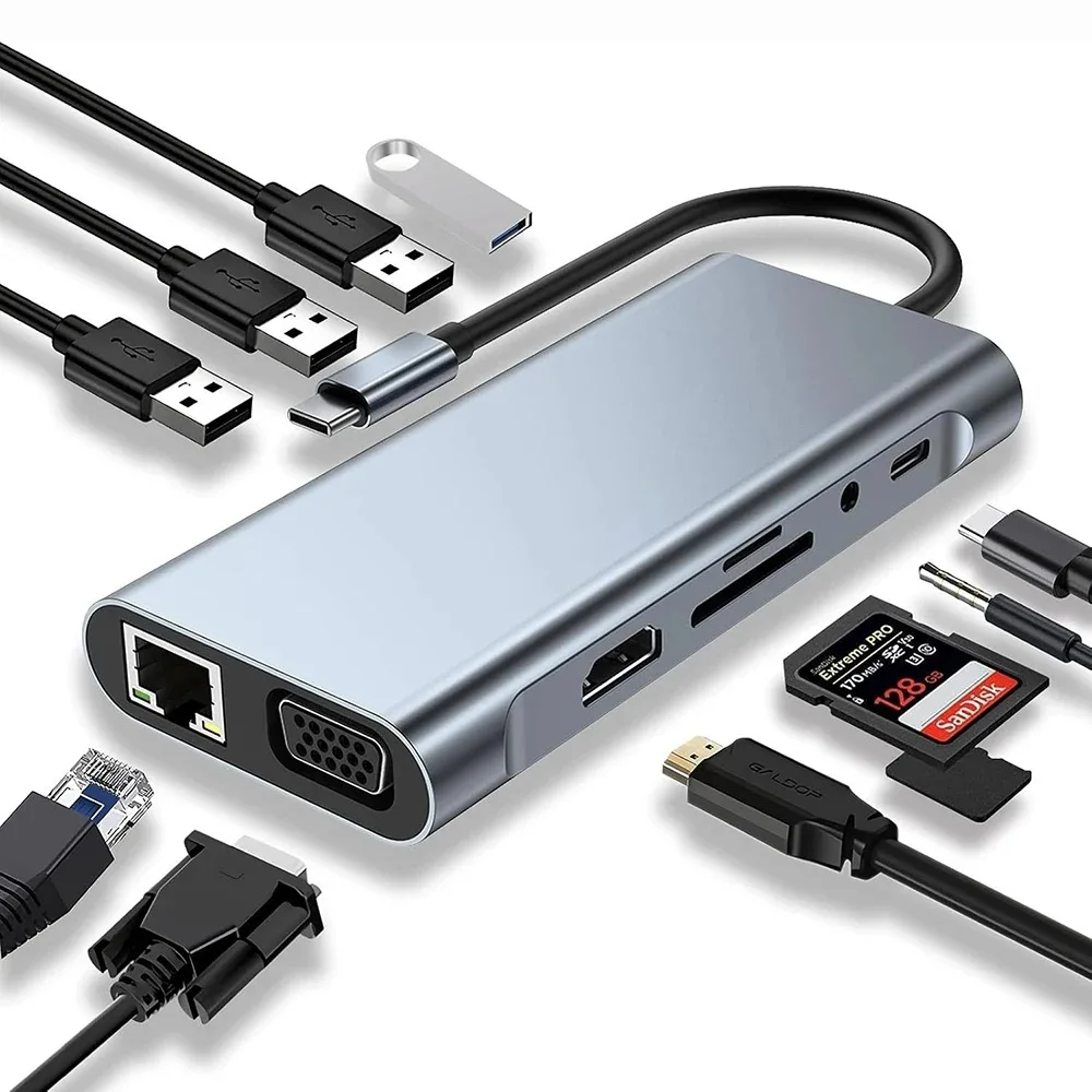 USB C Hub 11-in-1 Docking Station Type-C Multiport Adapter with 4K HDMI,VGA,100WPD,USB3.0,RJ45Ethernet,SD/TFCard Reader AUX