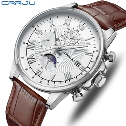 CRRJU Luxury Man Watch High Quality Waterproof Chronograph Luminous Men's Wristwatch Leather Men Quartz Watches Casual Clock