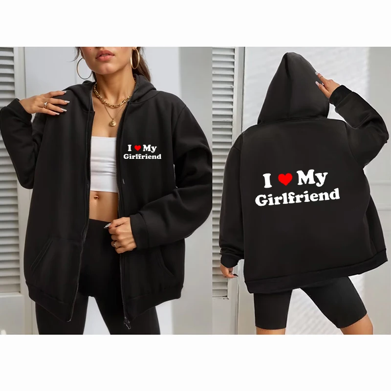 Women Men Fashion Letter Printed Hoodie I Love My Boyfriend Hoodie Zip up Casual Sweatshirt Y2k Vintage Jacket Streetwear Gothic