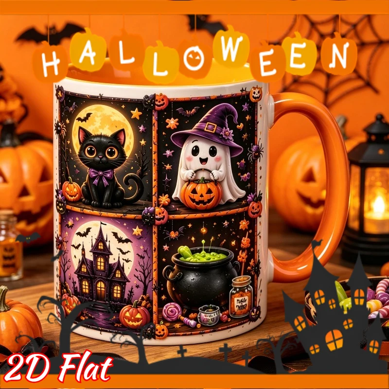 [2D] 1 Personalized Custom Halloween Collage-themed Ceramic Mug, 11 Oz, Face-printed, Microwave Safe, Suitable for Halloween Lov
