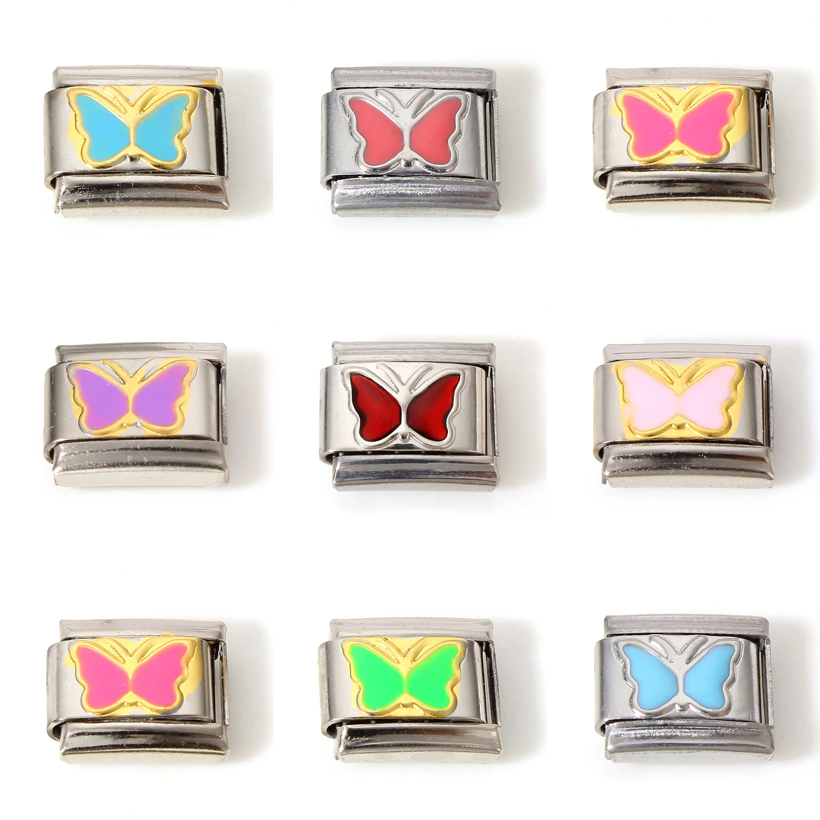 

1pc 304 Stainless Steel Charm Italian Links Bracelet Rectangle Butterfly Multicolor Enamel Making DIY Bracelet Jewelry 10mmx9mm