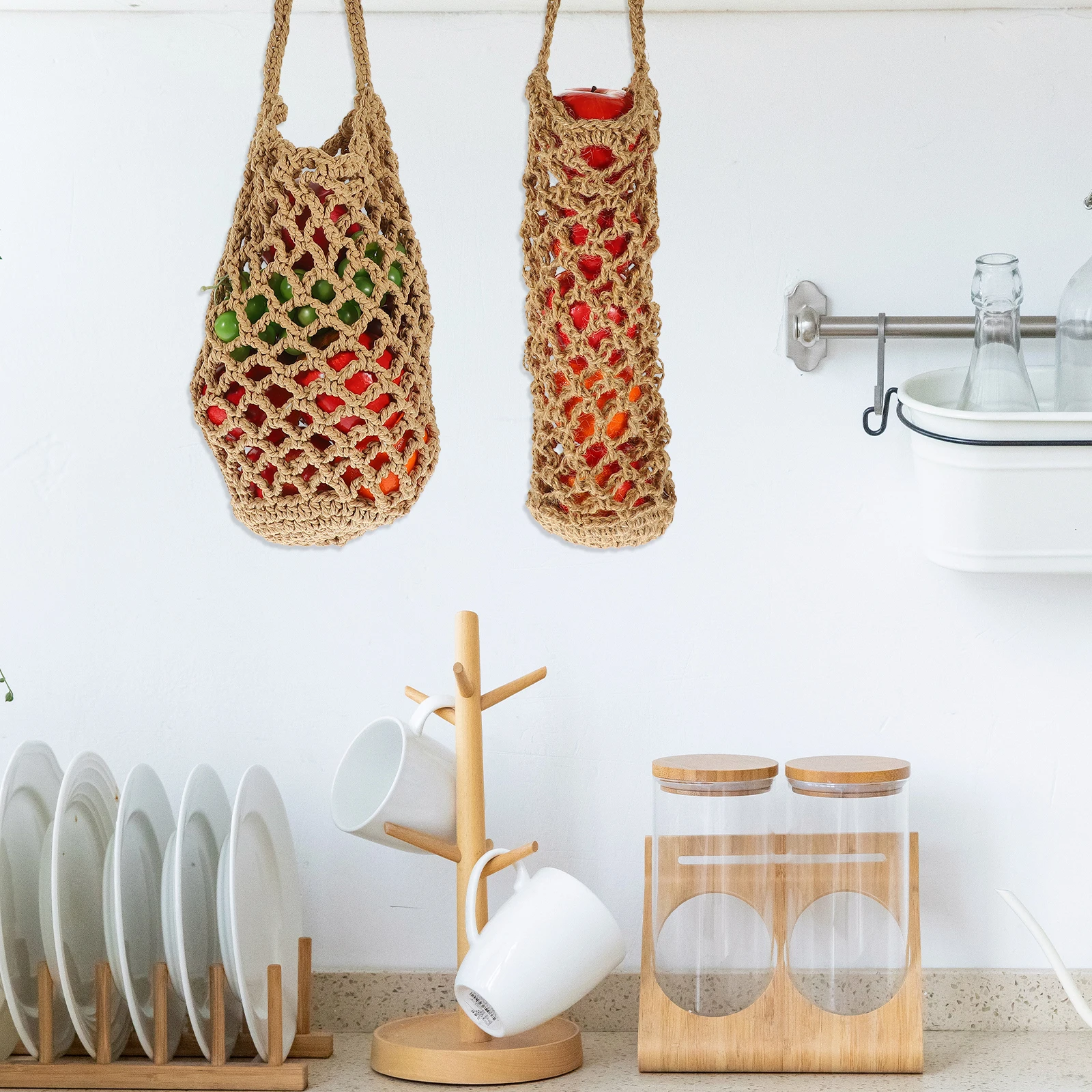 

2pcs Hanging Fruit Basket Multi-Function Vegetable Organizer Handwoven Cotton Rope Storage Basket Large Capacity Ventilated