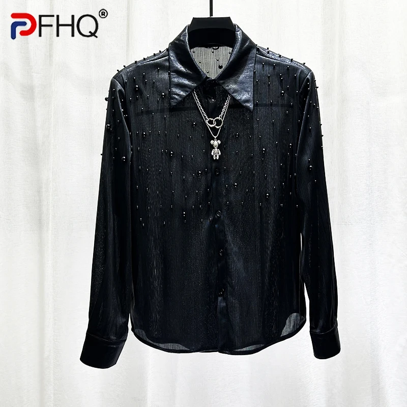 PFHQ Summer New Embroidered Pearl Shirt Shoulder Design Fashion 2024 Darkwear Solid Color Long Sleeve Male Tops 21Z5500