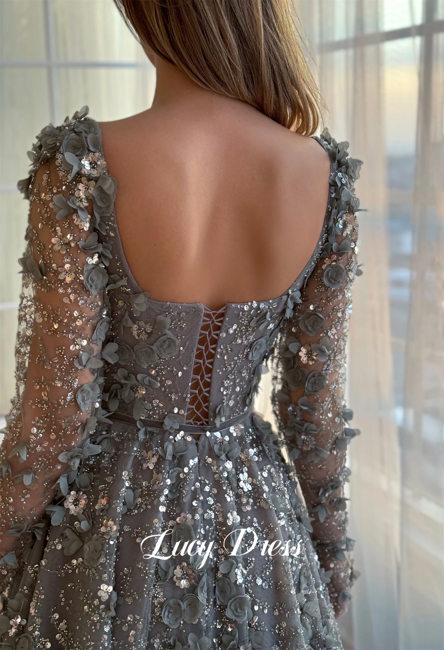 Lucy Grey Floral Fabric Wedding Dress Long Sleeves Evening Prom Dresses 2024 Women Robe De Soiree Femmes Ball Gowns Customized