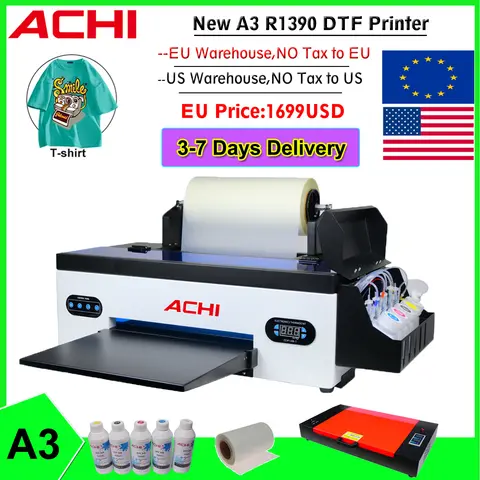 미국 주식 ACHI A3 DTF 프린터, R1390 A3 티셔츠 프린터, DTF 전사 필름 프린터, DTF 오븐 포함, 5X500ML 잉크, 티셔츠 의류