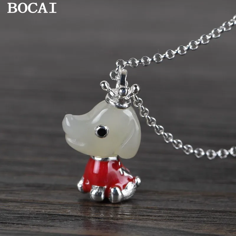 BOCAI S925 Silver Retro Simplicity Fashionable Drip Oil Hotan Jade Puppy Pendant Set Chain Lady Gift Fine Jewelry Wholesale