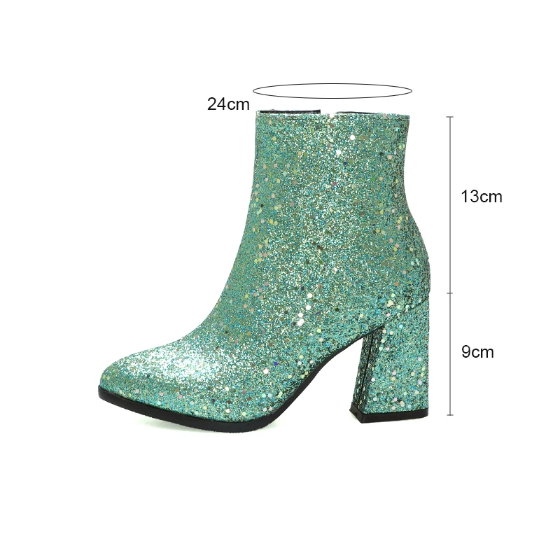 Sequin Bling Short Booties Womens Round Toe High Heels Glitter Silver Gold Green Ankle Boots Party Shoes Female Autumn New 33-43