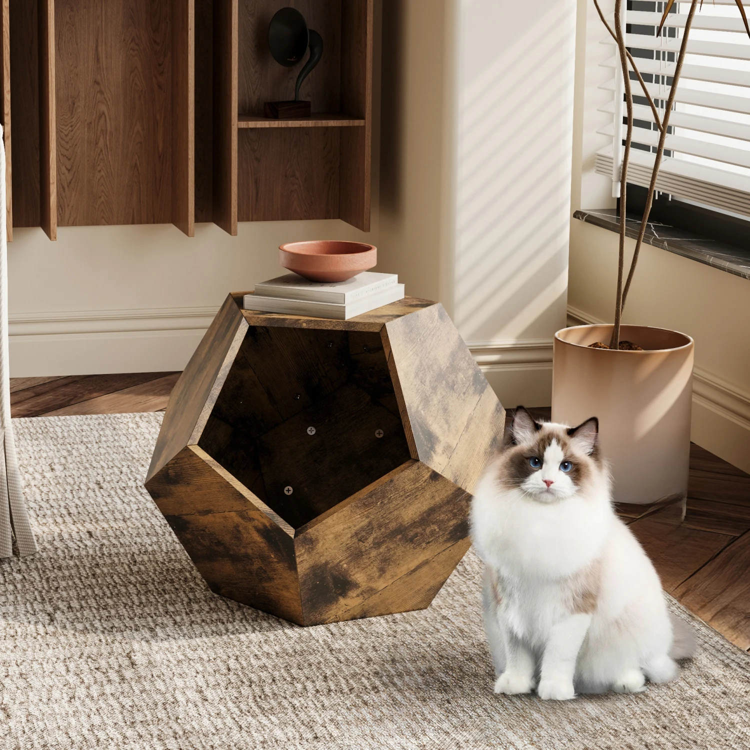 25.98'' Shaped Modern Pet Furniture Cat Carrier Side Table MDF Multi-Purpose Furniture Antique Wood Color