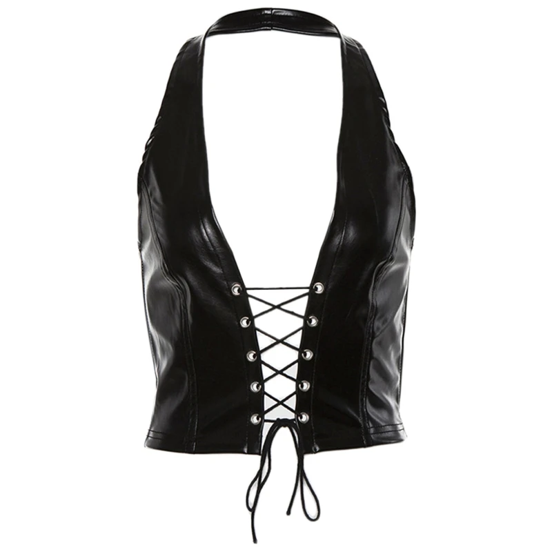 

Women Punk Sleeveless Crop Top Halter Backless Faux Leather Lace-Up Hollow Vest Dropship