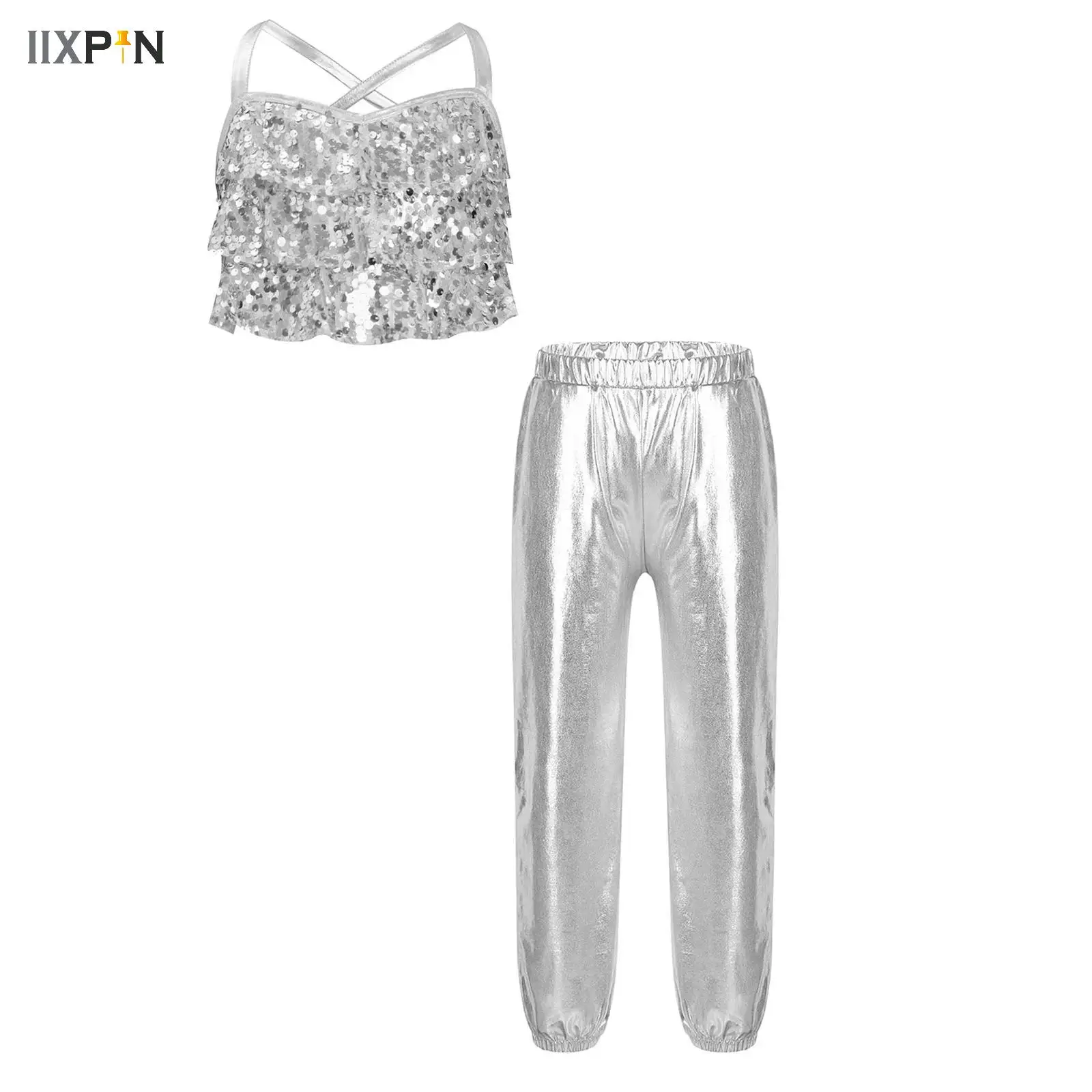 Kinder Mädchen Jazz Hip Hop Street Dance Kostüm Glitzernde Pailletten Camisole Crop Top mit metallischen Hosen Set für Bühnenauftritt