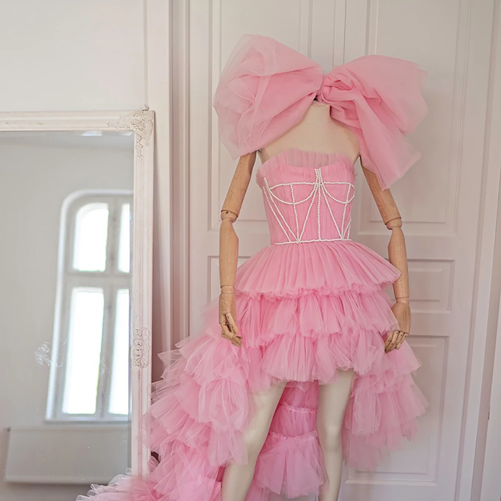 Tutu Strapless Princess High Low Prom Evening Dress Customized Irregular Tiered Ruffled Birthday Mini Pink Homecoming Gown