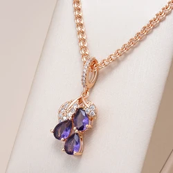 Kinel Hot Shiny Purple Natural Zircon Crystal Flower Pendant Necklace for Women Trend 585 Rose Gold Color Fine Daily Jewelry
