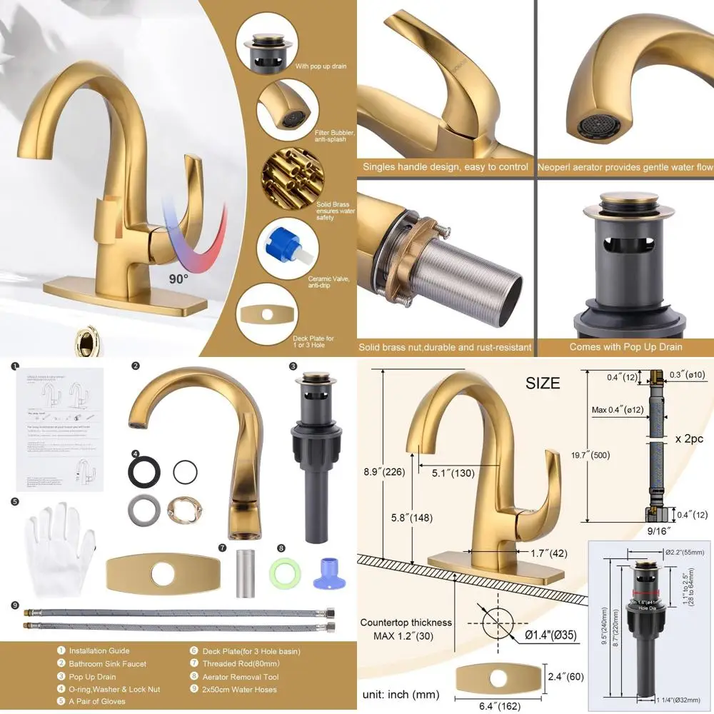 

High-Arc 1-Hole Gold Commercial Basin Faucet with Pop-Up Drain, Solid Brass Vanity Bar Sink Faucet (Patented)