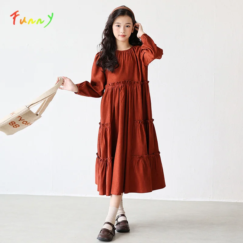 

Girls Maxi Dress Ruffle Tiered Long Sleeve Corduroy Dresses Casual Holiday Christmas Dress Youth Children Clothes 6-16 Years