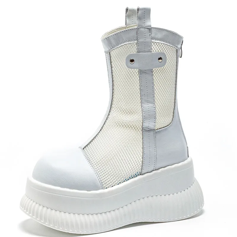 

8CM Air Mesh Genuine Leather Boots Women Pumps Summer Motorcycle Chimney Sandals Hollow Ankle Booties ZIP Fashion Shoes