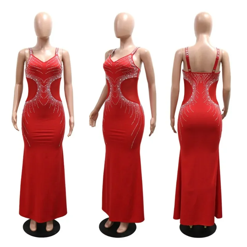 KEXU Diamonds Hot Rhinestones Sexy V-neck Women Strap Sleeveless Bodycon Long Dress Birthday Party Evening Prom Maxi Dresses