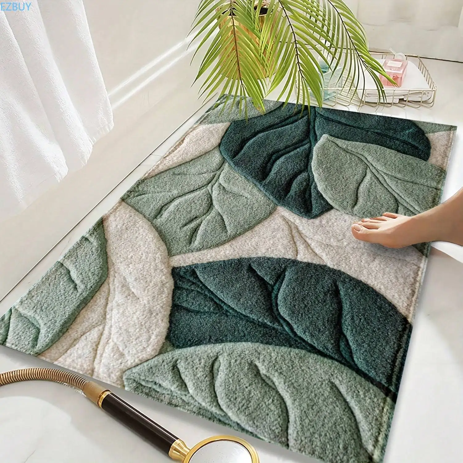 Green Leaf Pattern Plush Rug Ultra-Fine Fiber Bathroom Carpet Anti Slip Quick Drying Bedroom Rug Carpets for Living Room