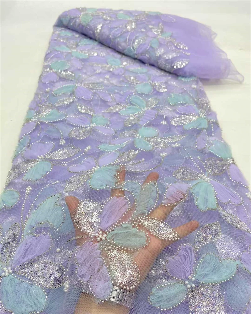 Luxury Embroidery Lace Fabric with Sequins And Beads for Party Dress And Wedding Gown Net Lace Fabric Hot Selling