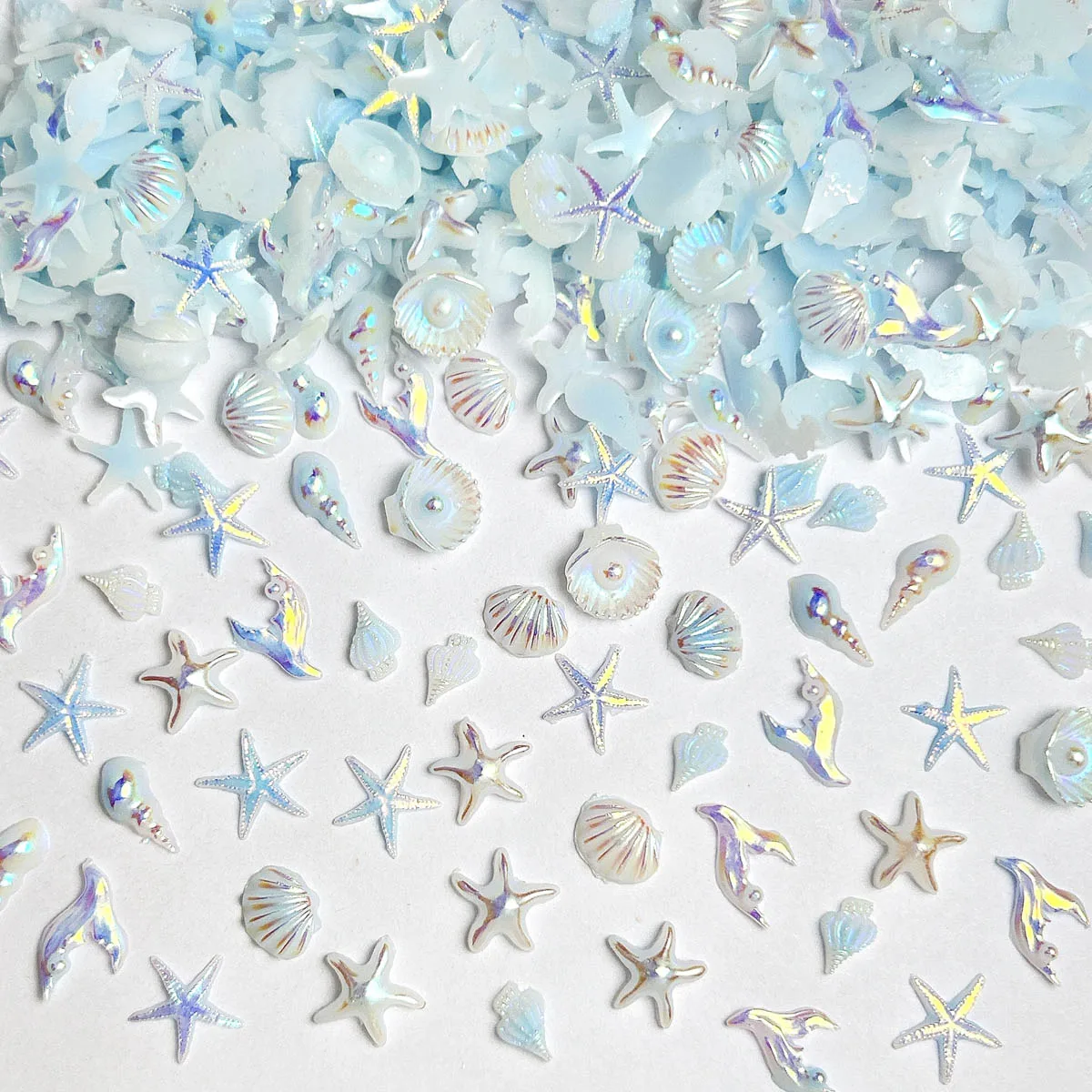 

50Pcs Light Blue Iridescent Ocean Nail Charms Starfish Seashell 3D Gems for Summer Beach Manicures Vacation Nails