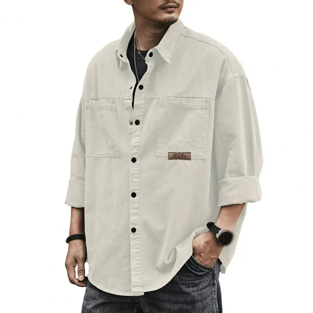 

Lapel Collar Shirt Men's Casual Cardigan Shirt with Patch Pockets Spring/fall Long Sleeve Button-up Top for Daily Wear Retro