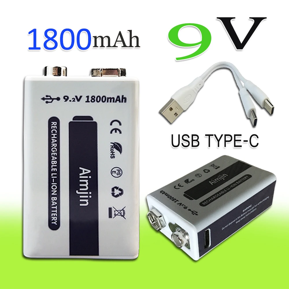 

New 100% Original 9V 1800mAh Fast Charging Li-ion Battery USB TYPE-C For Microphone, Toy Remote Control,Alarm+Data Cable