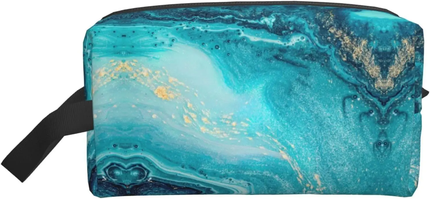 Stone Blue Gold Marble Print Large Capacity Cosmetic Organizer for Women and Men Portable Travel Makeup Pouch