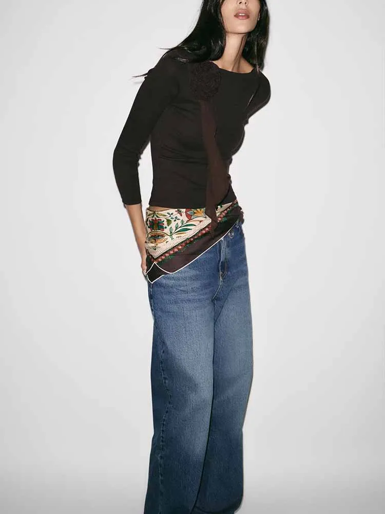 

European and American style autumn new arrival fashionable women's slim fit round neck long sleeve 3D floral T-shirt