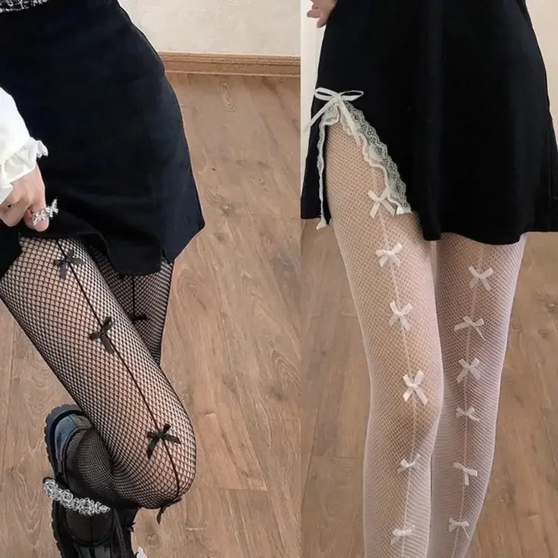 

Women Sexy Mesh Fishnet Tights Stockings Pantyhose Bows Transparent Gothic Party Club White Black Women Lolita Socks Lingeries