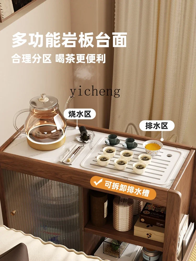 ZK Simple Solid Wood Tea Cabinet Home Living Room Sofa Side Table with Boiling Water Trolley Mobile Tea Table