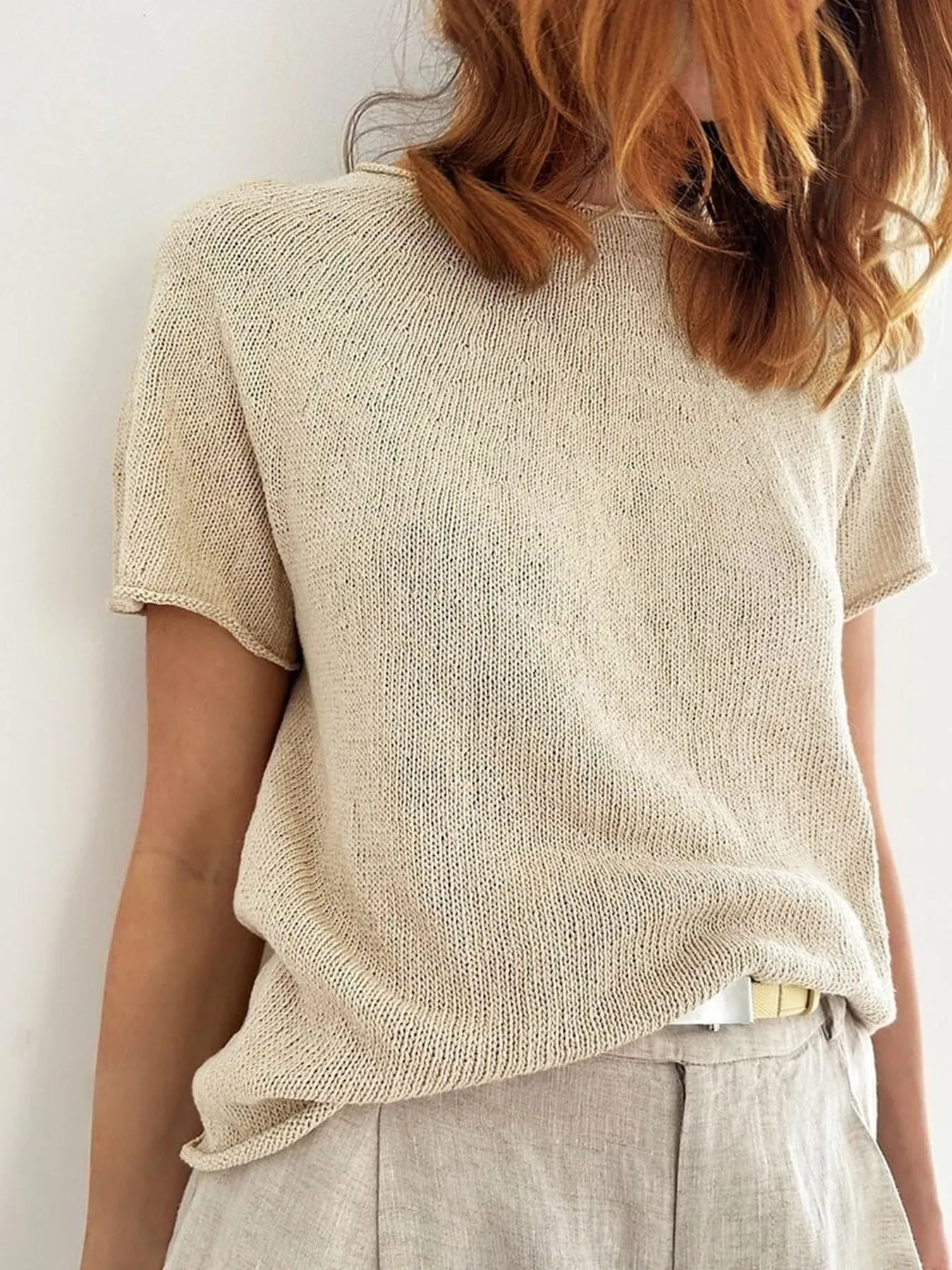 

Retro Rolled Edge Round Neck Knitted T-shirt For Women In Summer, Breathable, Loose, Slimming And Versatile Short Sleeved Top