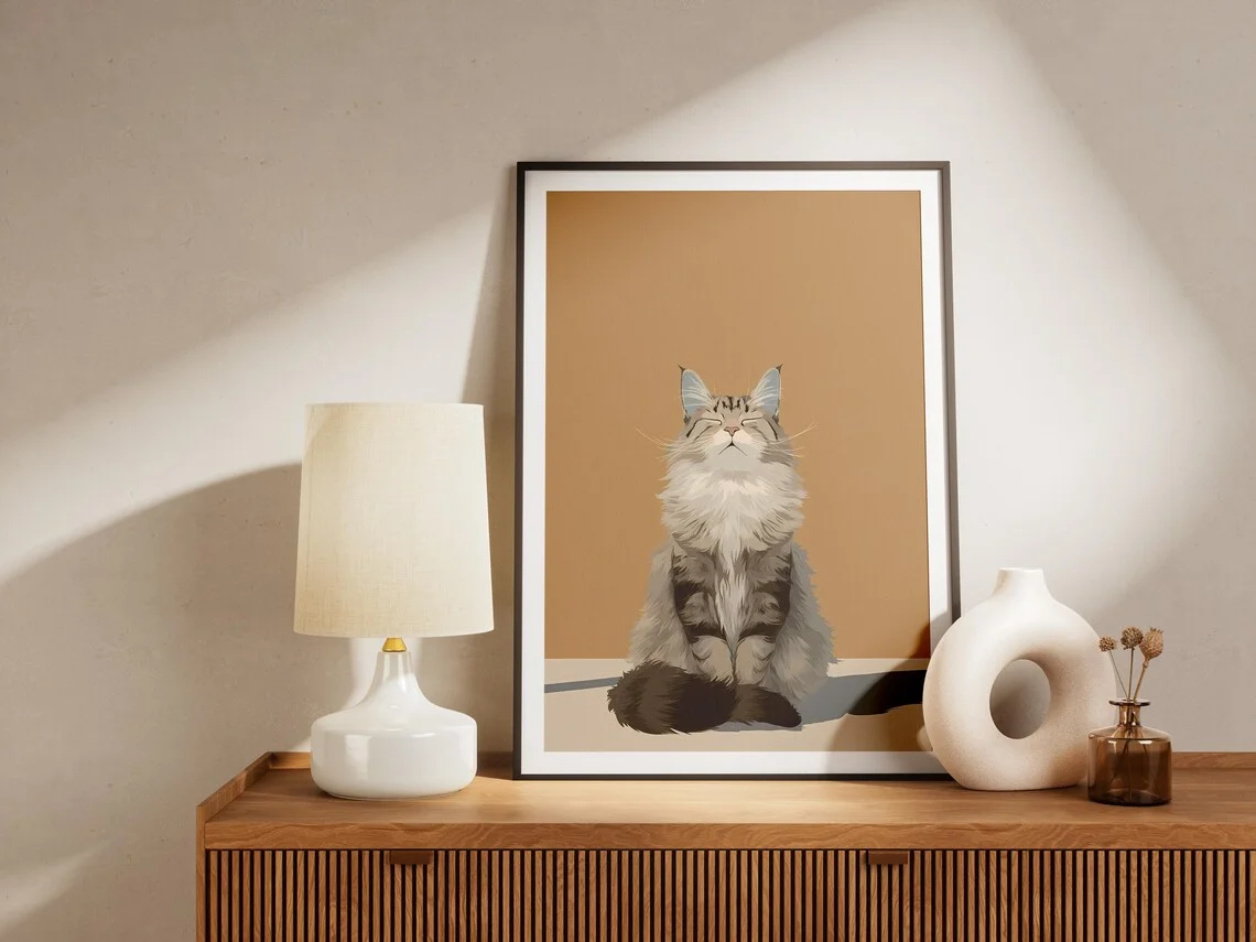 Zen Cat Minimalist Wall Art - Tranquil Print Celebrating Feline Relaxation. The Warm Neutral Backdrop and Simple Composition Cre