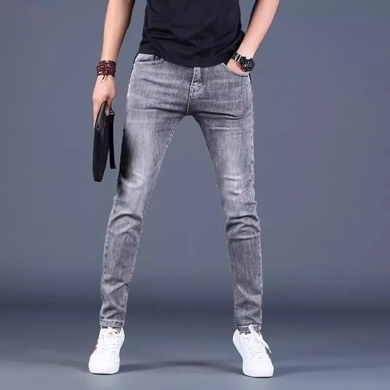 Pantalones vaqueros de estilo coreano para hombre, pantalones de mezclilla ajustados Kpop, pantalones de mezclilla elásticos de alta gama para otoño, nuevos