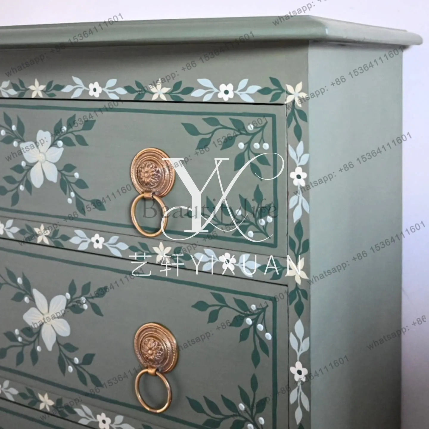 LJY French retro green hand-painted bedside table, pastoral painted three-bucket cabinet