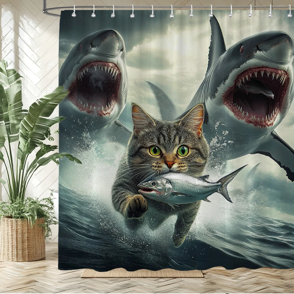 

Sharks and cats Shower Curtain With Hooks Ocean underwater world Printed Bathroom Curtains Polyester Fabric Home Decor Curtain